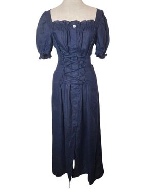 Sleeper 100% Linen Corset Dress - Size L - Navy Puff Sleeve Lace-Up Midi Fairy
